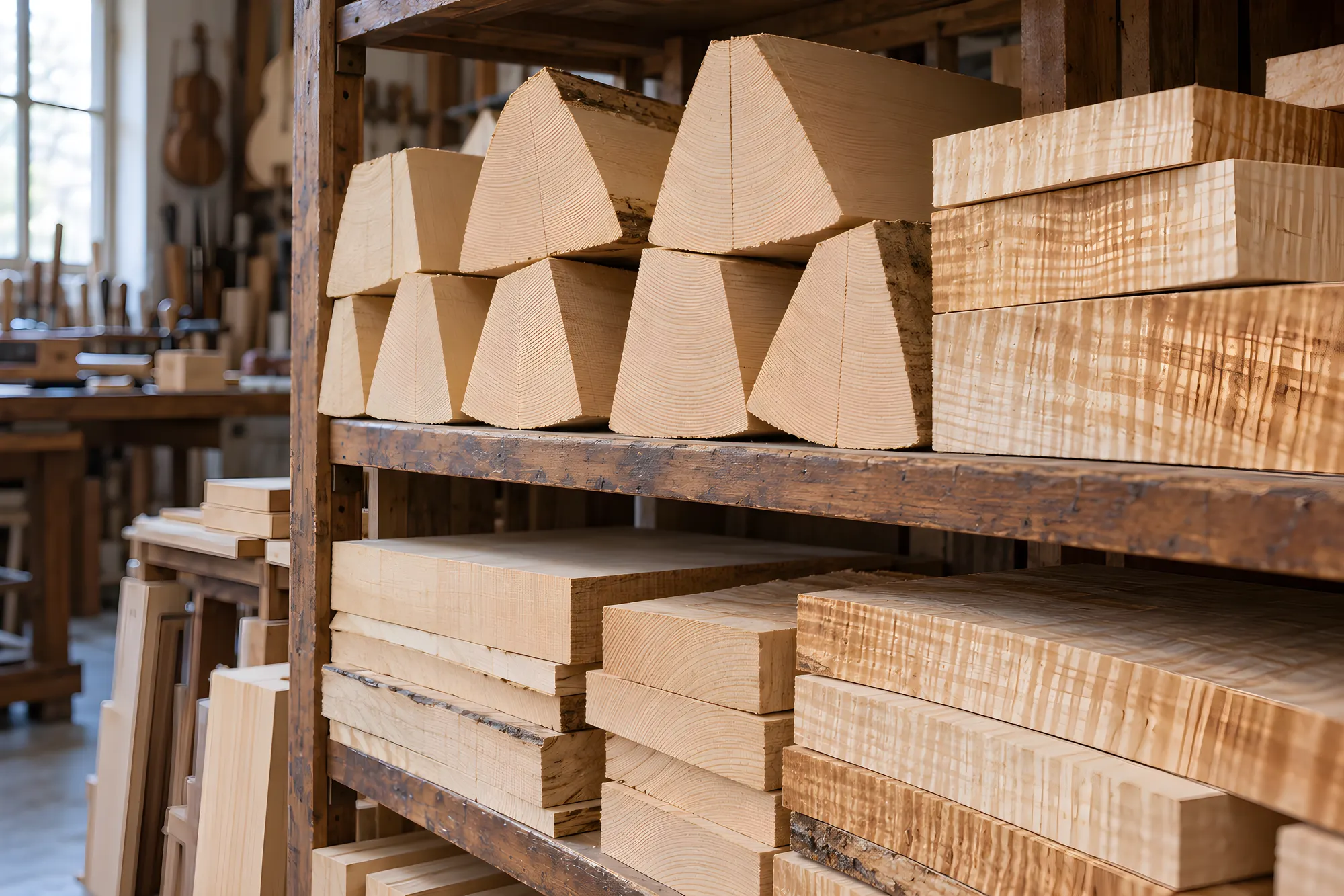 Gelagertes Tonholz, Fichtenkeile und geflammte Ahornbretter im Regal