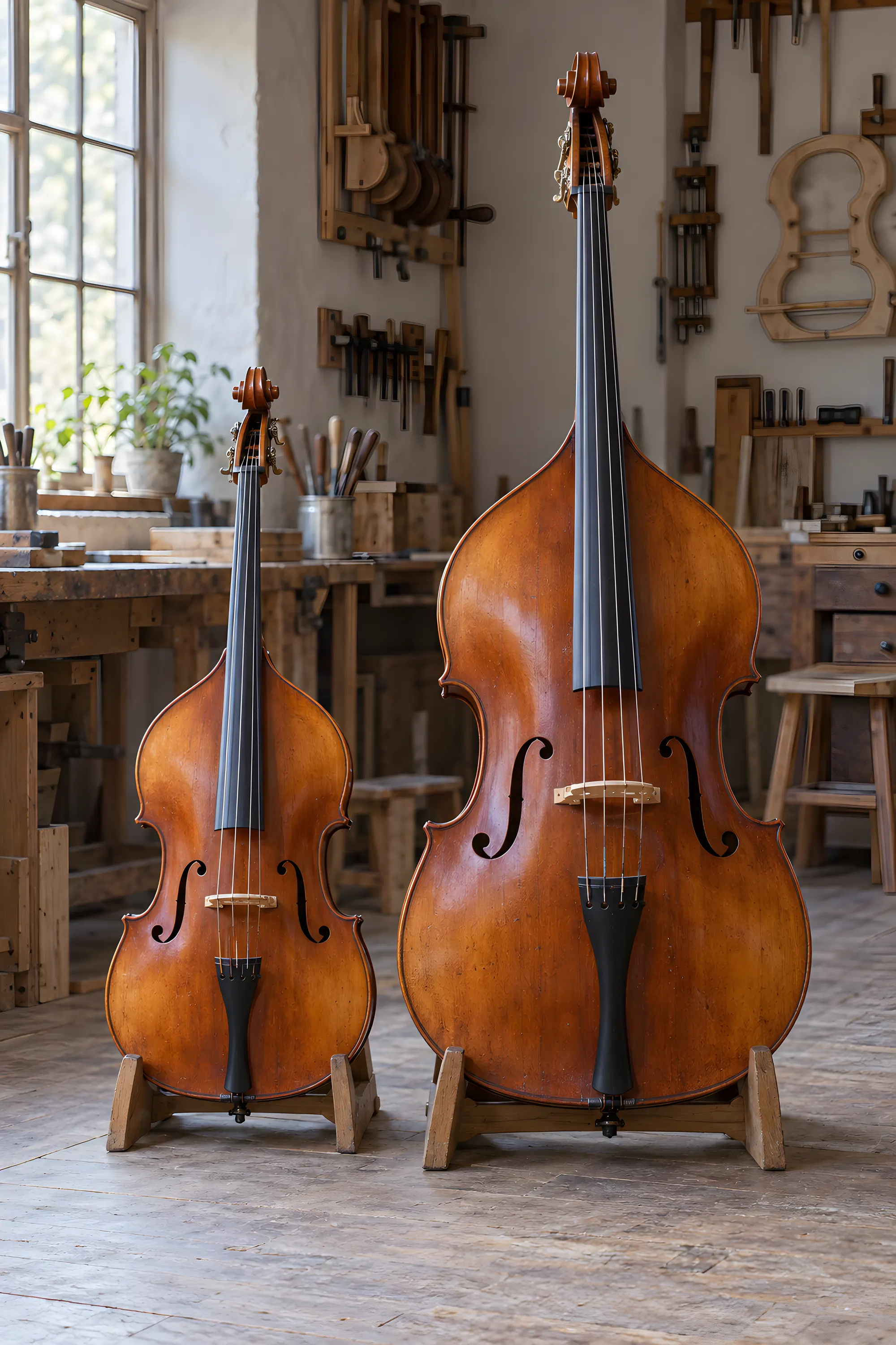 Kleiner Kinderbass und großer Kontrabass nebeneinander in Bodenständern in der Werkstatt