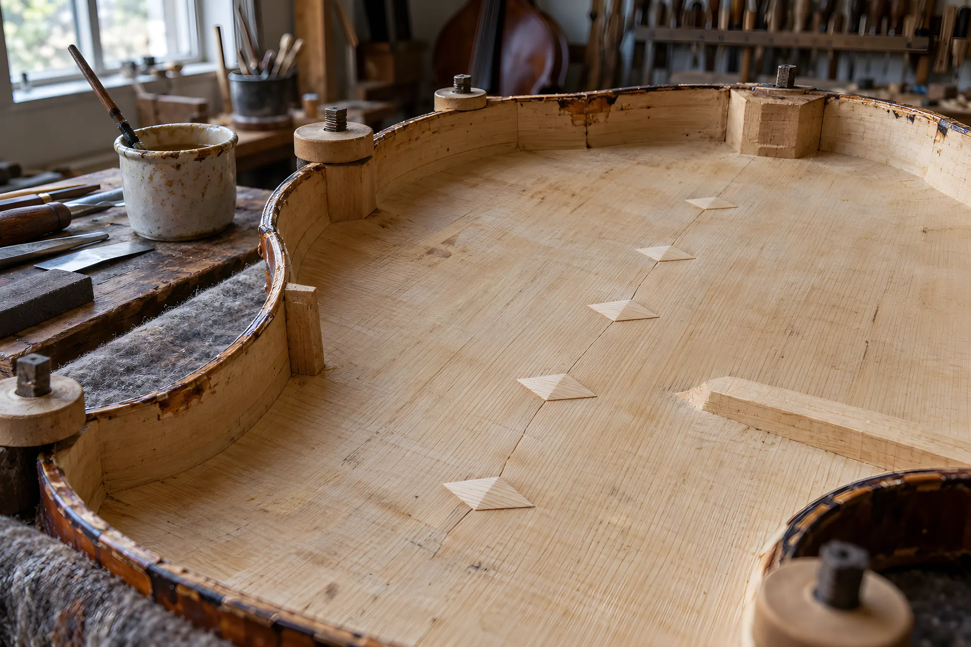 Innenseite einer Kontrabassdecke mit kleinen Fichtenklötzchen über einem geschlossenen Riss